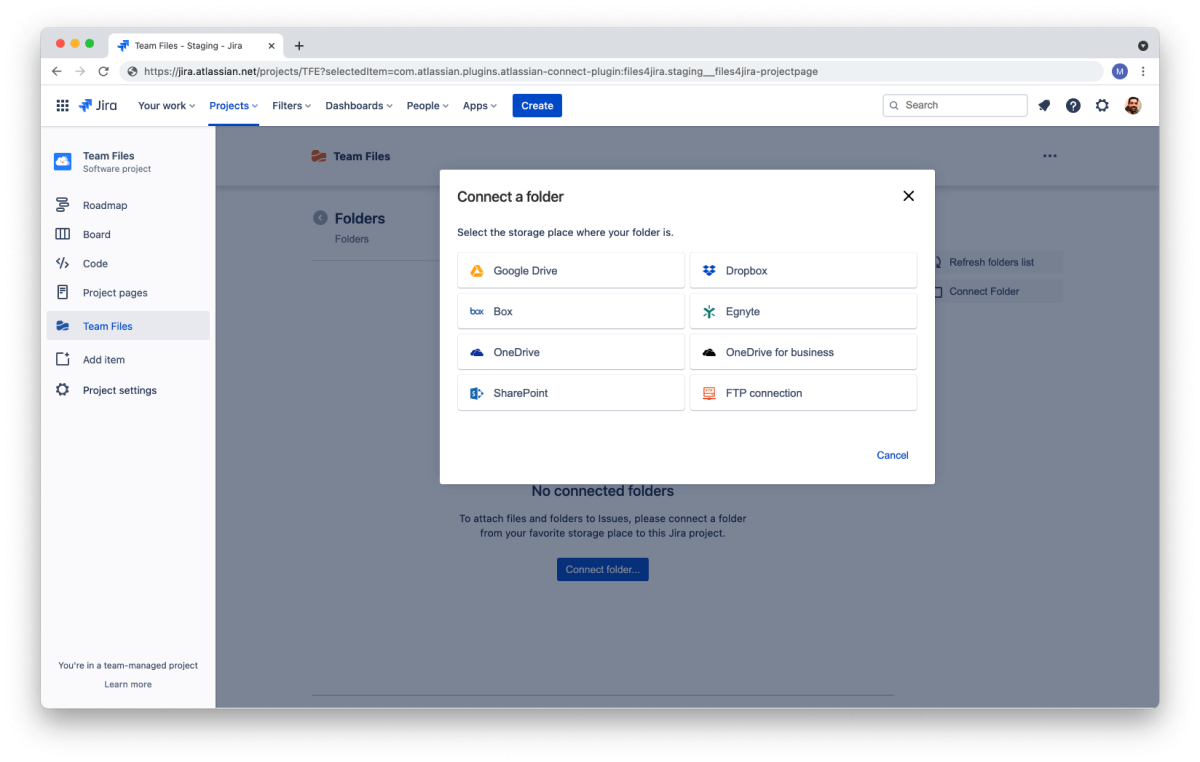 Team Files support several clouds and server storages